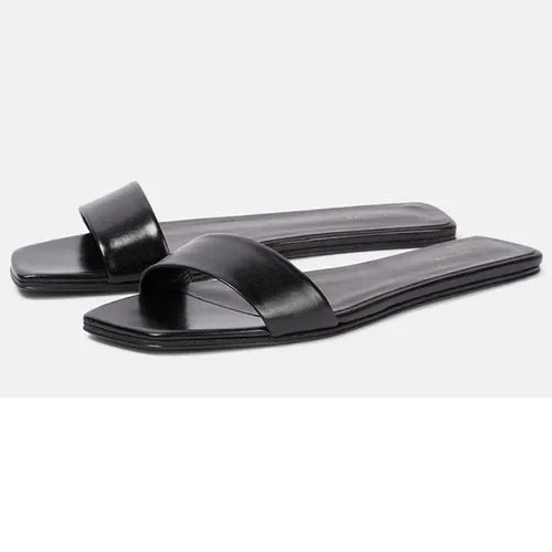2024 Summer New Fashion Slides Shoes Women Genuine Leather Minimalist Sandals Comfortable Flat Woman Square Toe Outside Slippers