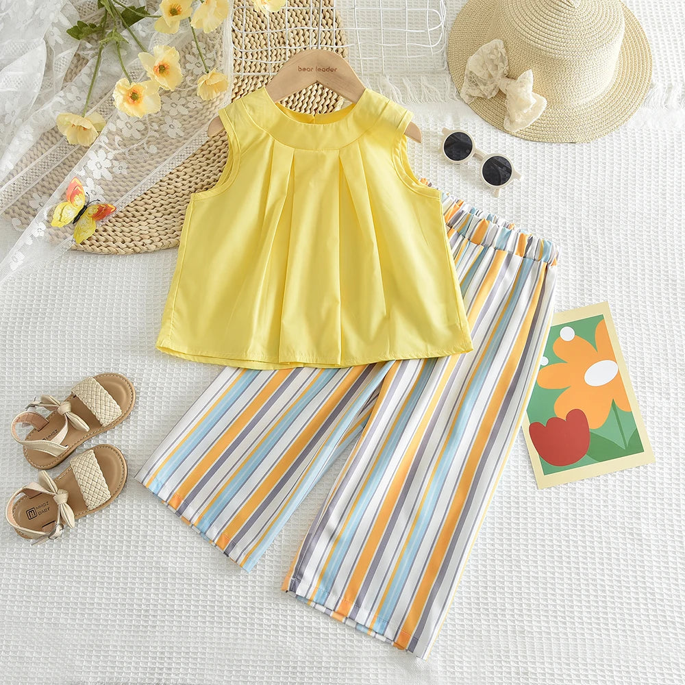 Bear Leader Khaki Vest+Striped Wide Leg Pants Summer Two-piece Set Daily Simple Sleeveless Children's Clothing for 3-7 Years Old