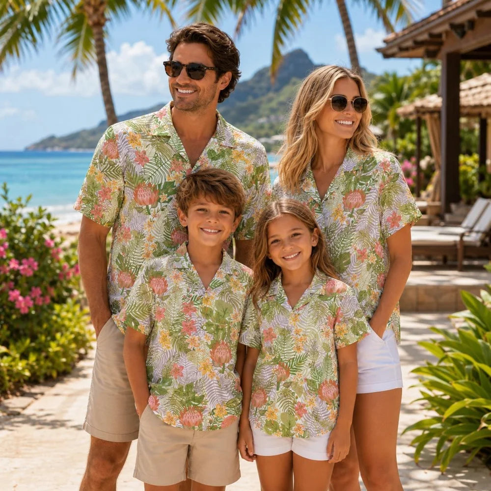 Family Matching Flamingo Hawaiian Shirts Hawaii Beach Floral Matching Outfits Mom Dad Kids Gift for Summer Vacation T-Shirt Tops