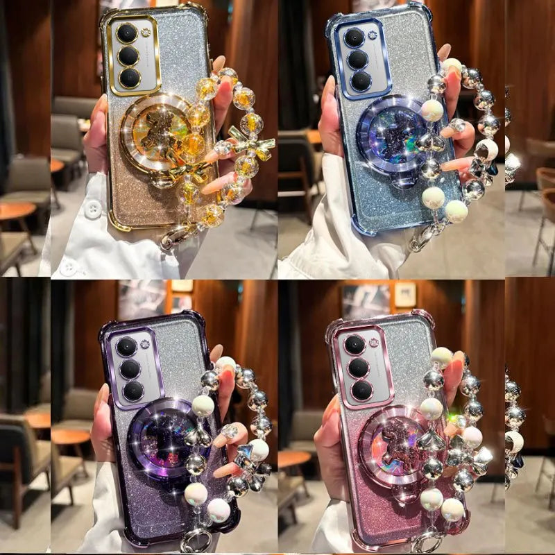 Shockproof Glitter Plating Pony Bracket beaded bracelet Case for Xiaomi Redmi 15 15C 14C 13 13C 12 12C 10 10C 9 9A 9C Cover