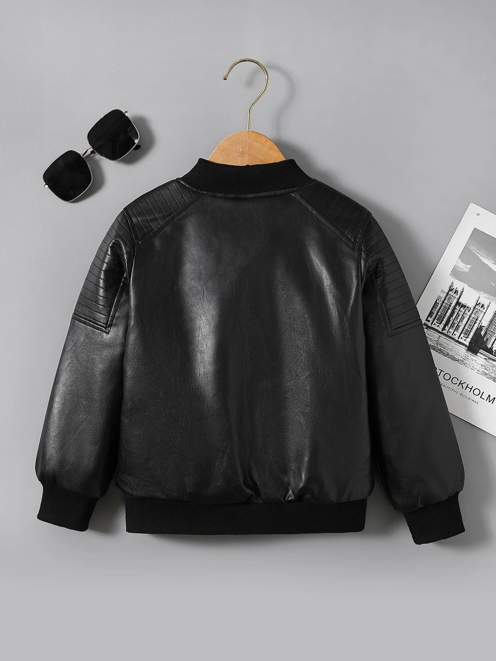 Children's Clothing Boys' Spring and Autumn Pu Leather Jacket, Retro Stylish High-End Jacket, Trendy Biker Jacket, Easy to Clean Classic Baseball Jacket, Outerwear