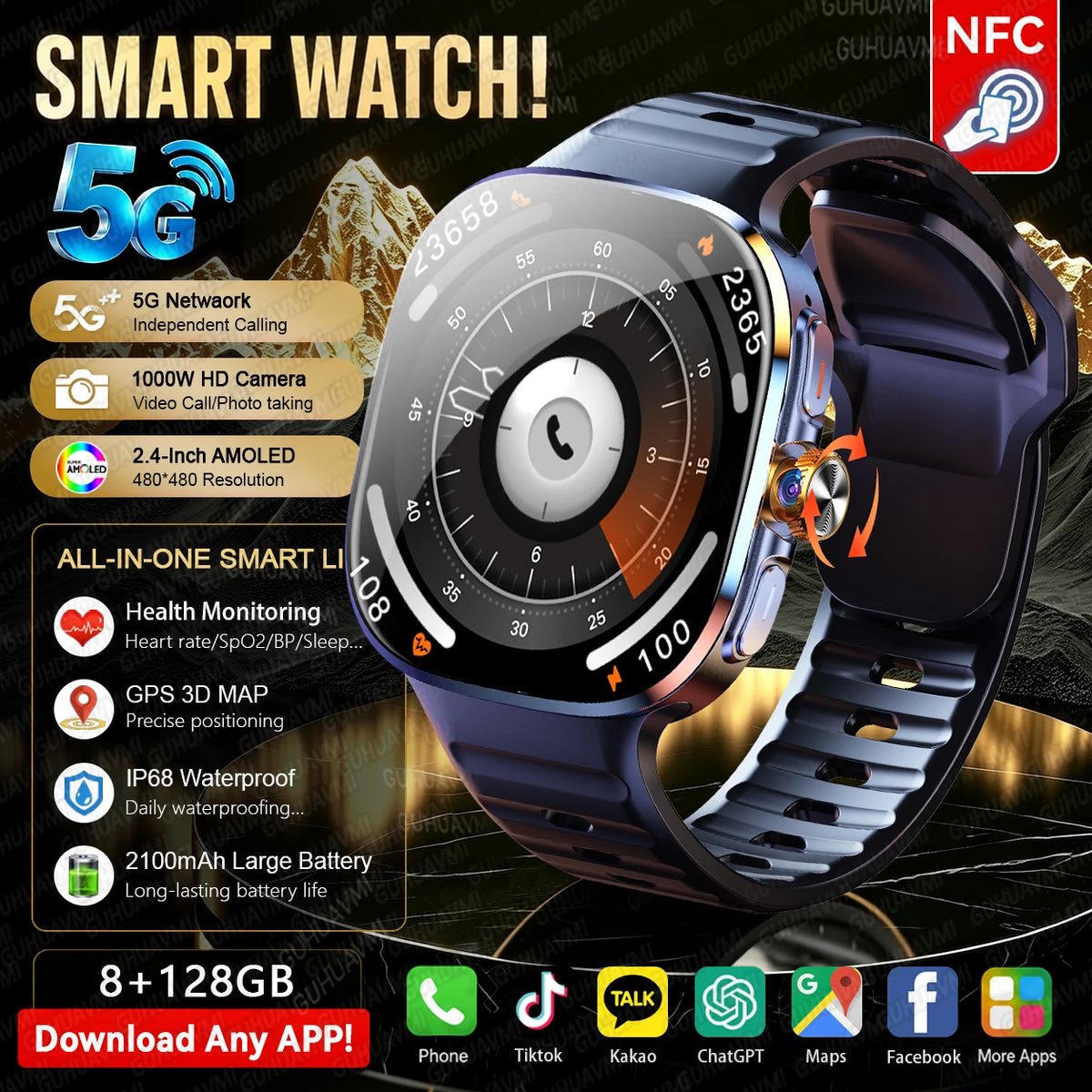 5G/4G Full Network Android Smart Watch With 2.4" AMOLED Display Independent Calling Camera GPS Wifi Bluetooth Sports Phone Watch