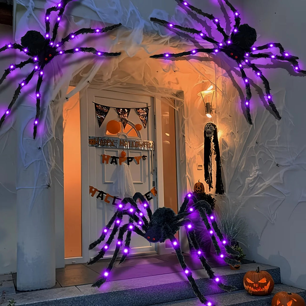 1pc Halloween Giant Light Up Fuzzy Black Spider Purple LED Battery Powered 8 Modes Spider Lights For Indoor Outdoor Porch Decor
