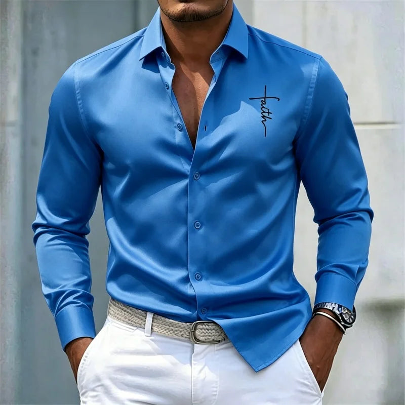 2026 new men's shirt solid color long sleeved shirt slim fit no iron business casual formal wear personalized letter printed top