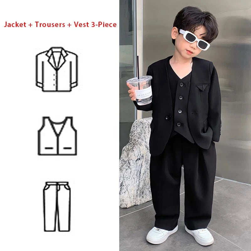 Suit for Boys Fashion V-neck Jacket Waistcoat Trousers 3 Piece Toddler Birthday Blazer Set Khaki Casual Children School Uniform