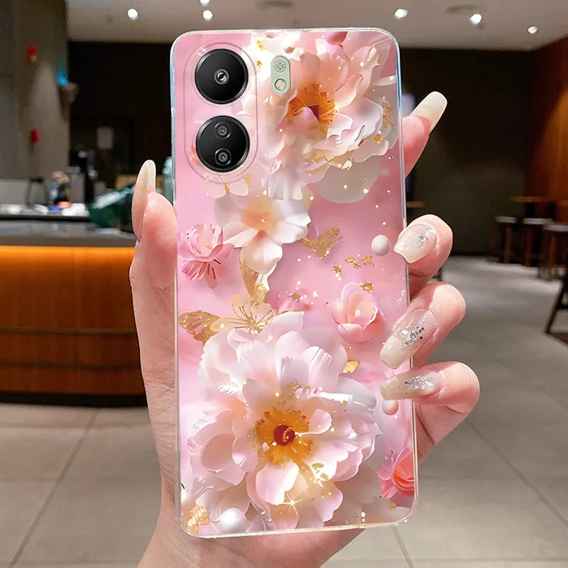 Case For Xiaomi Redmi 13C Poco C65 4G Capa Flower Butterfly Phone Casing Redmi13C Poco M6 5G Soft Silicone Transparent TPU Cover