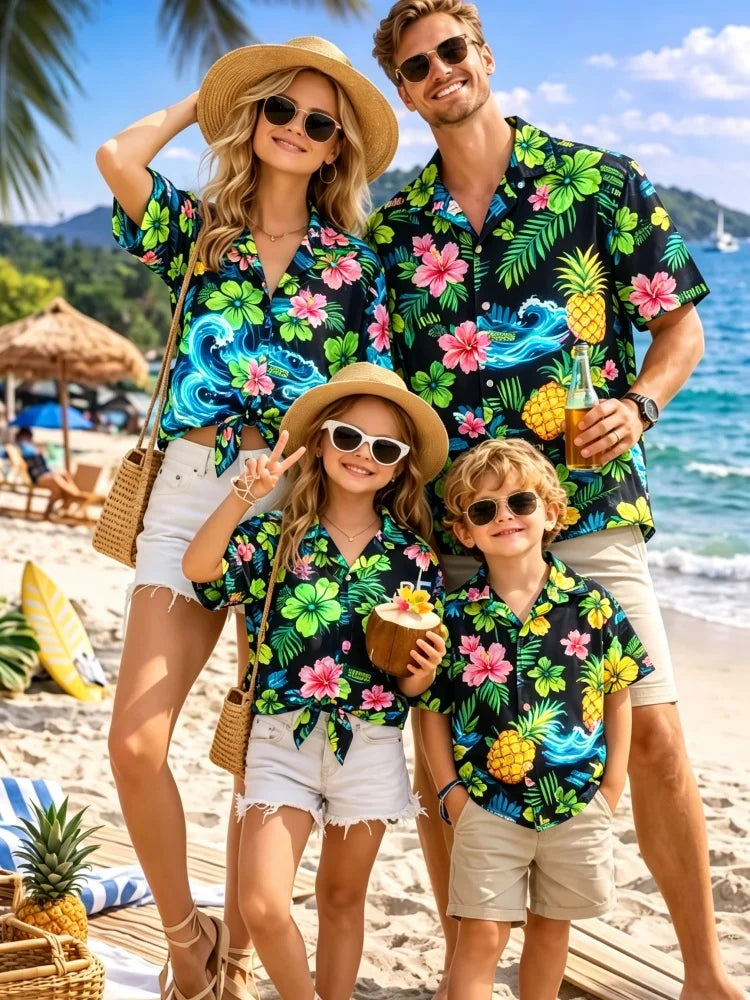 New Mother Kids Family Wear Beach Hawaiian Shirt Tropical Sandcastle Palm Tree Shirt Outdoor Sports Sparent Shirts Child T-Shirt
