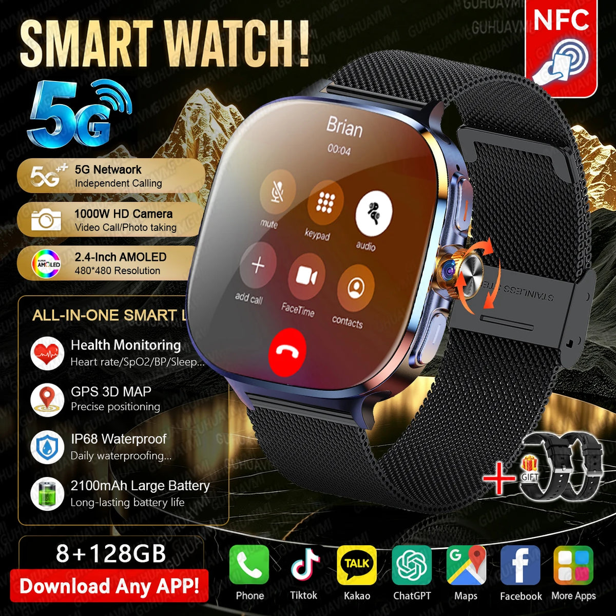 5G/4G Full Network Android Smart Watch With 2.4" AMOLED Display Independent Calling Camera GPS Wifi Bluetooth Sports Phone Watch
