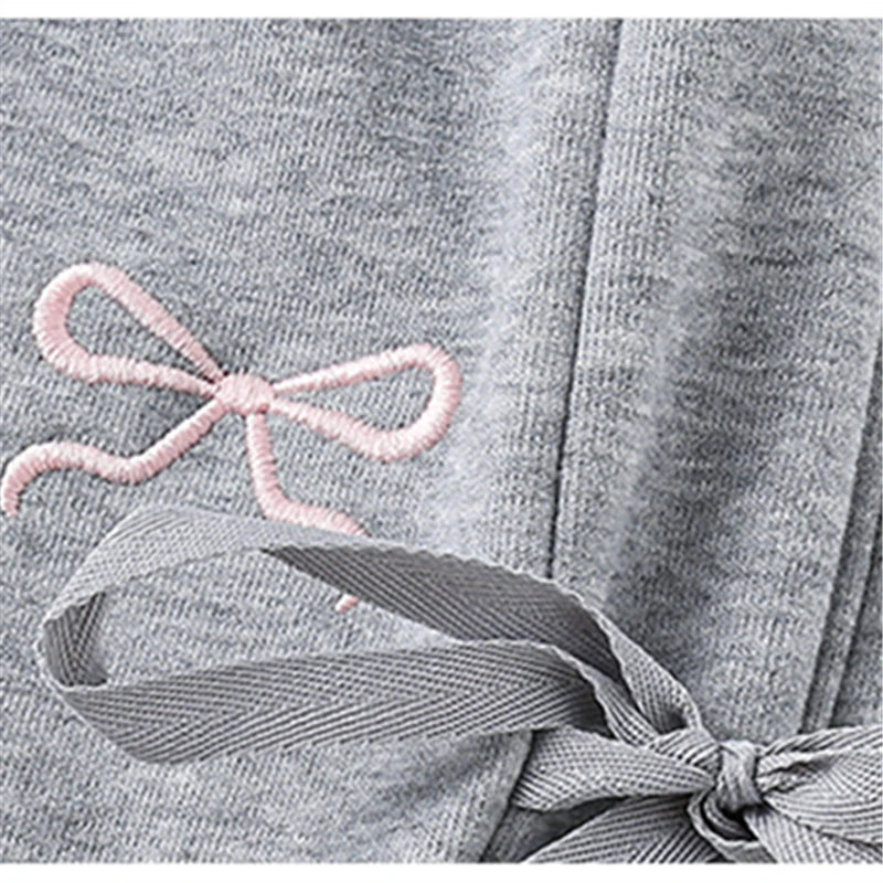 Autumn Child Cotton Sports Pants with Side Bows For Girls Grey Color Casual Trousers Teenage Kids High Street Sporty Sweatpants