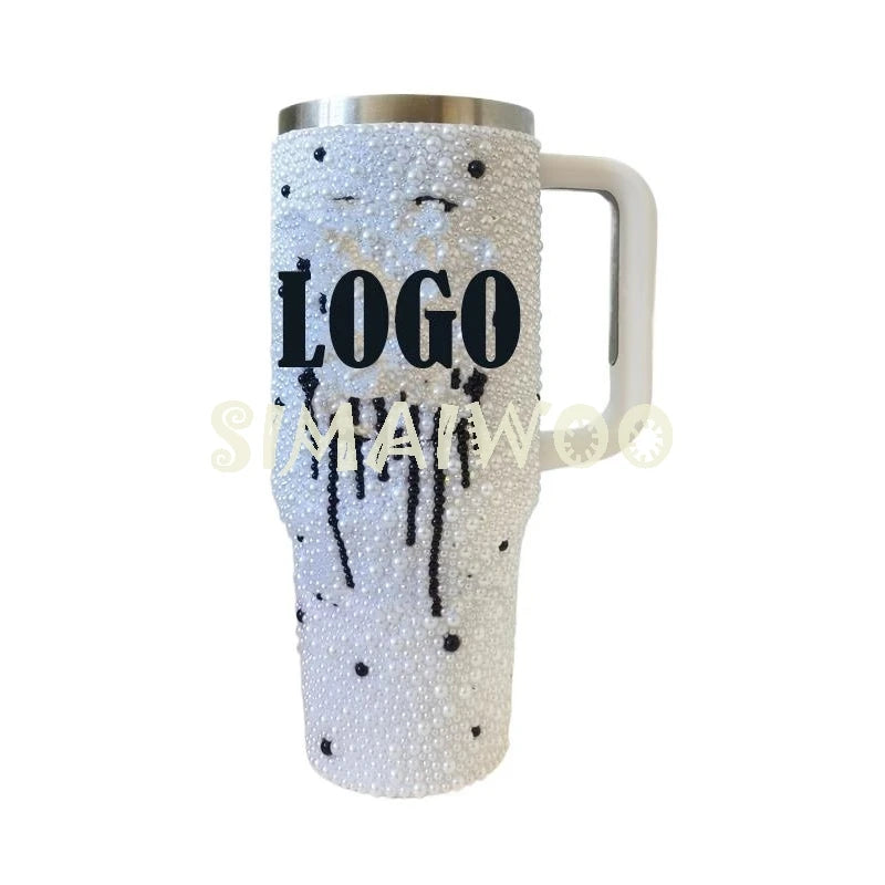 Logo Custmizable Tumbler DIY Rhinestone Ice Drink Bottle Double Layer Vacuum Thermal Insulation Handle Cup Pearl Bead Bling Gift
