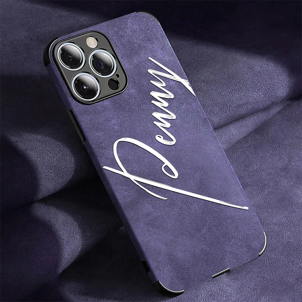 Large Brush Calligraphy Name Customized Phone Case For iPhone18 16 15 14 13 12 11ProMax Lambskin Faux Leather Shockproof Cover
