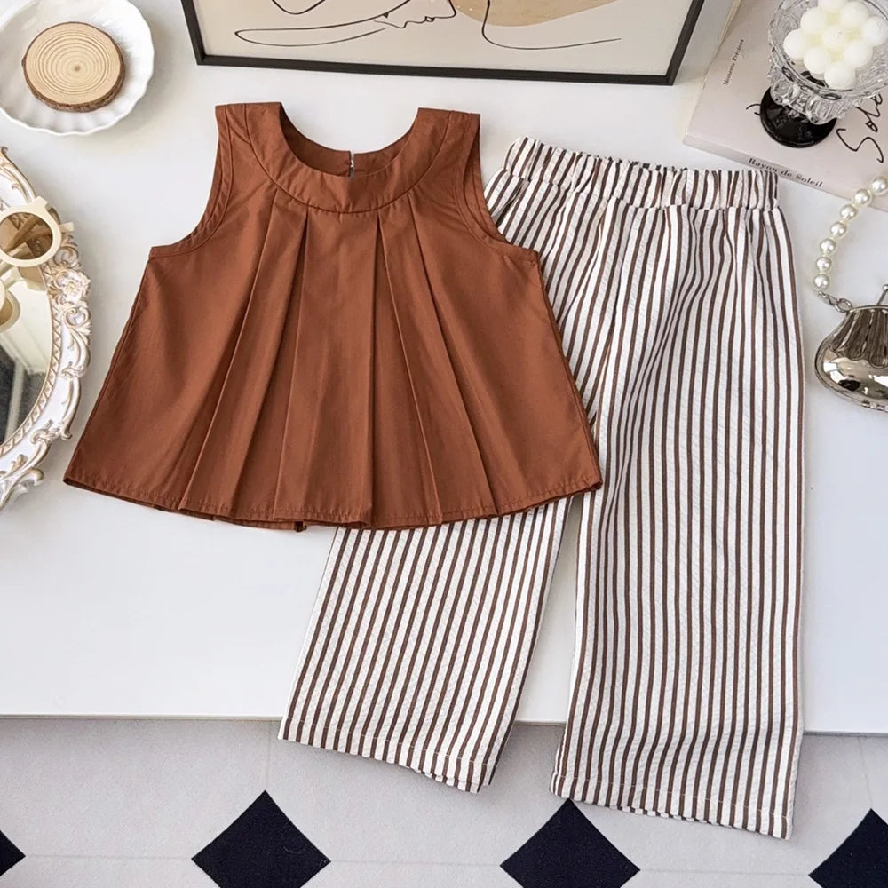 Bear Leader Khaki Vest+Striped Wide Leg Pants Summer Two-piece Set Daily Simple Sleeveless Children's Clothing for 3-7 Years Old