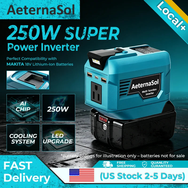 (US Stock 2-5 Days) AeternaSol 250W Power Inverter For Makita 18V LXT Battery BL1830 BL1850 BL1860 Portable Power Station 110V AC 500W Peak Surge QC3.0 USB 20W PD 20W Type-C LED Work Light Camping Outdoor Night Fishing Job Si