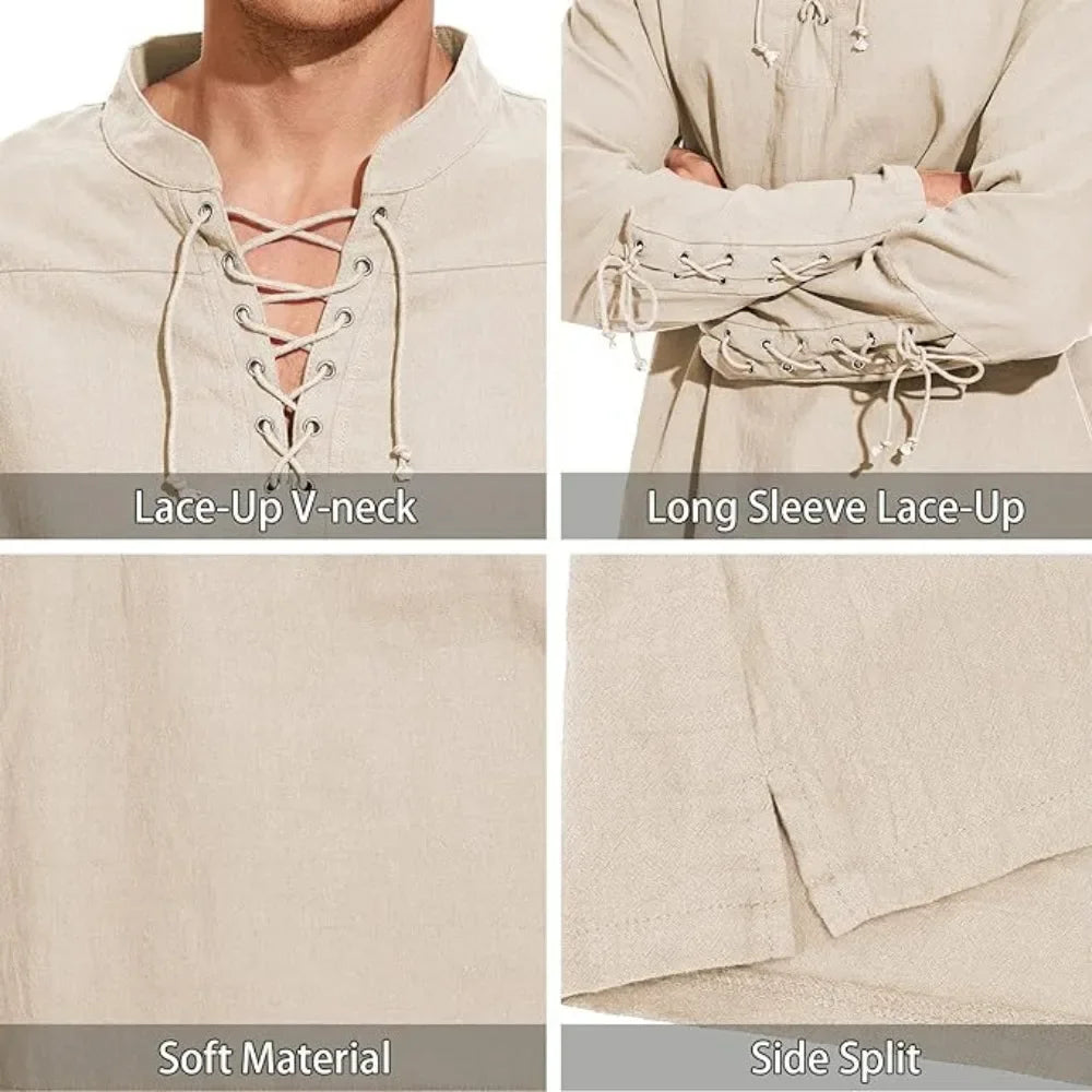 Men's Long Sleeve Shirts Lace Up V-neck Cuff Medieval Pirate Dress Up Streetwear Halloween Gothic Punk Style Men's Clothing