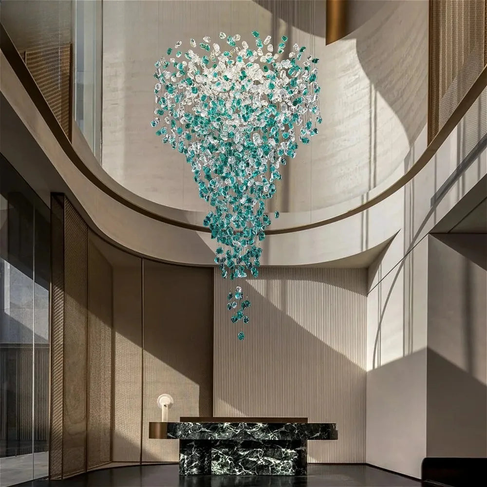 Luxury Large Green Crystal Stone Chandelier for Lobby Loft Staircase Project Modern LED Color Crystal Hanging Chandelier Custom