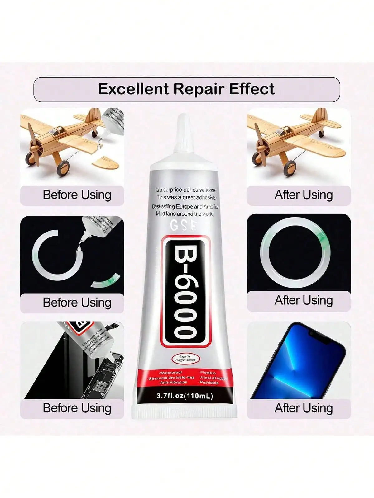 B6000 Clear Glue for Jewelry Making,Fabric,Tumblers,Rhinestones DIY Crafts,Nail Art,Makeup,Shoes,Cell Phones, Tablet,Wood