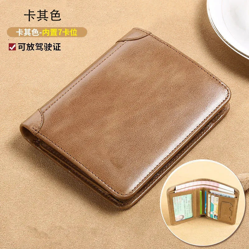 Men's New All Functions Genuine Leather Wallet Large Capacity Anti Theft Brush Three Fold Fashion Card Bag with Photo Position