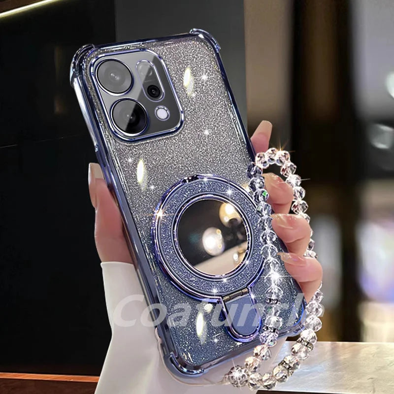 For Xiaomi Redmi 15C Note 15 Note 14 Pro Plus 14C POCO C85 5G Case Glitter Mirror Magnetic Bracket Phone Holder Bracelet Cover