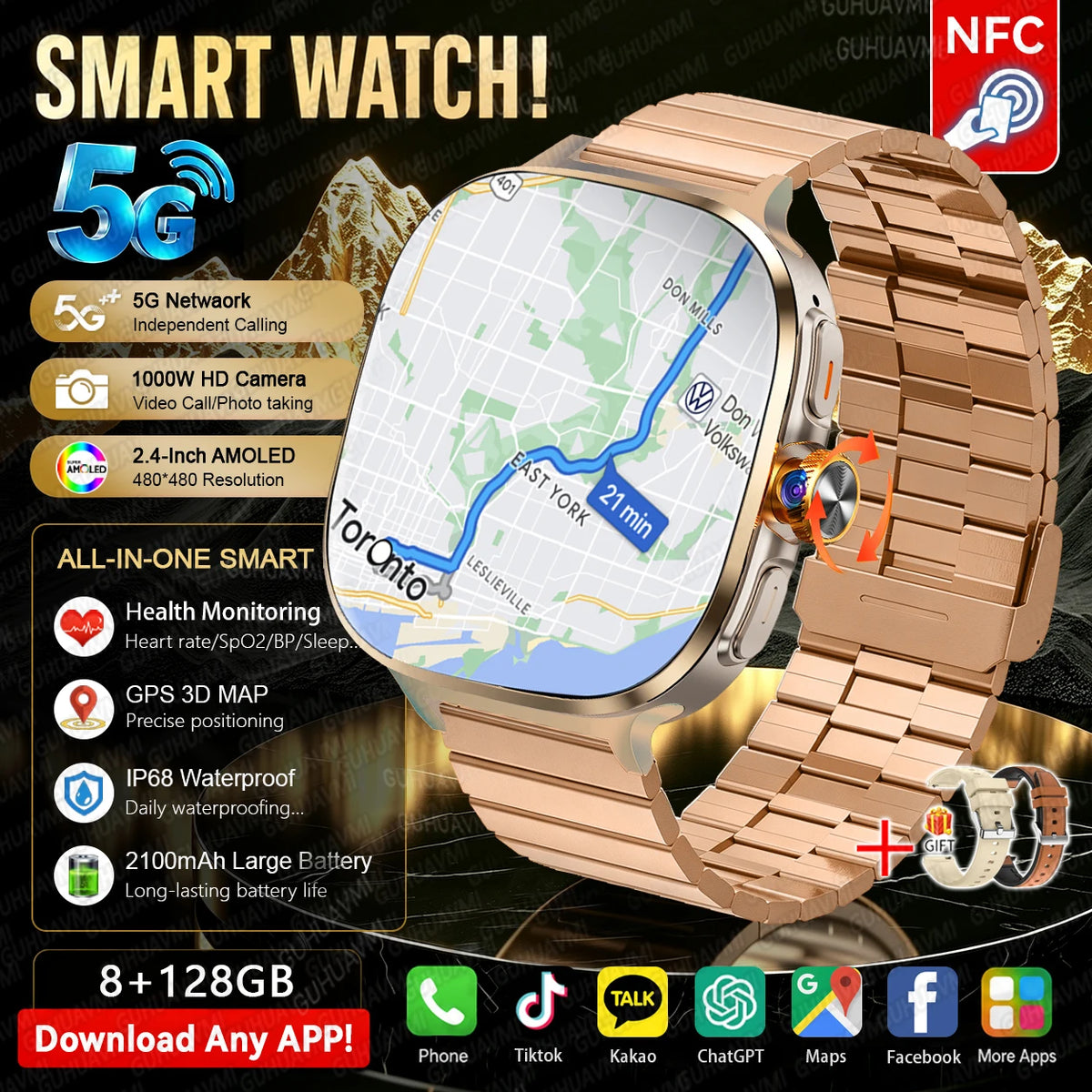 5G/4G Full Network Android Smart Watch With 2.4" AMOLED Display Independent Calling Camera GPS Wifi Bluetooth Sports Phone Watch