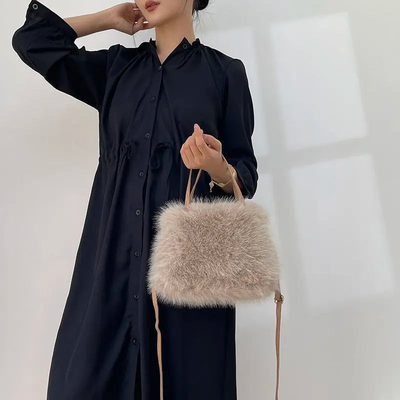 Candy Color Pearl Handle Women's Plush Crossbody Bag Portable Female Furry Handbags Winter Fashion Casual Shoulder Bags