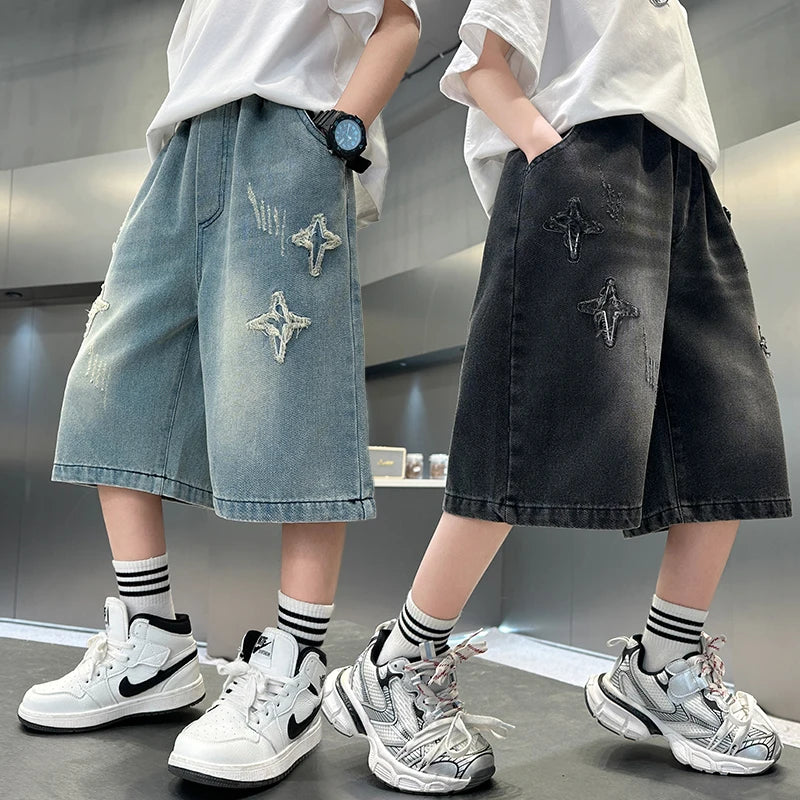 2025 Summer New Arrival Fashion Boys Denim Shorts with Star Pattern Children's Casual Cropped Jeans Pants Kids 5-14 Years Old