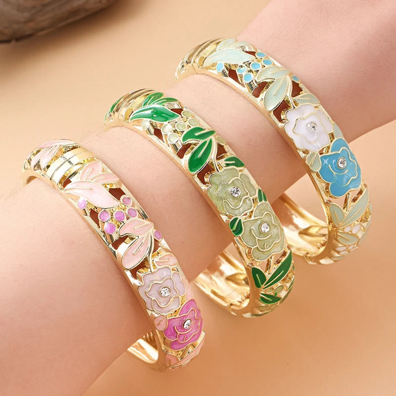 Jardme Rose Flower Enamel Bracelets For Women Ethnic Style Gold Plated Hollow Cloisonne Bangles Women's Jewelry Accessories