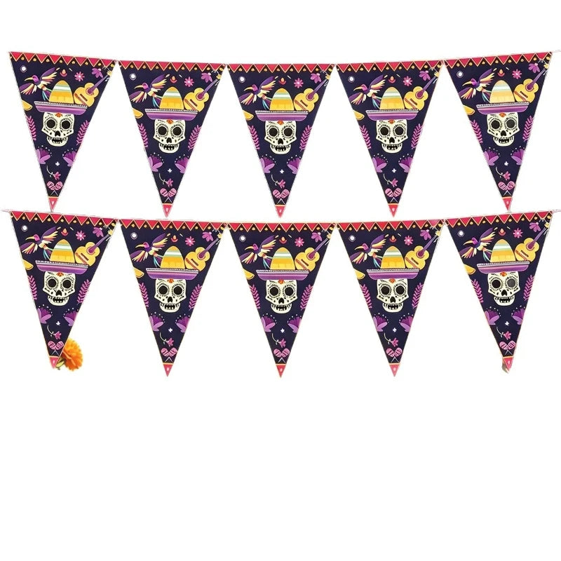 Day of the Dead Theme Triangle Bunting Mexican Ghost Festival Skull Pull Flower Decoration Coco Hanging Banner