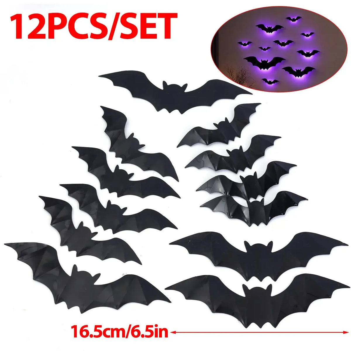 24/12pcs 3D Halloween LED Light Up Bat Glow in The Dark Self Adhesive PVC Wall Stickers Decoration Window Store Party Display