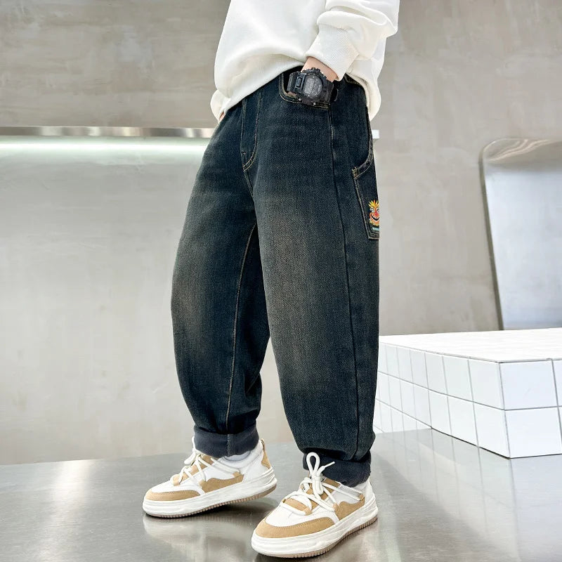 Retro Blue Child Warm Thermal cartoon Jeans For Boys Winter Insulate Desnim Pants Teenage Kids Casual Fleece Thermal Trousers