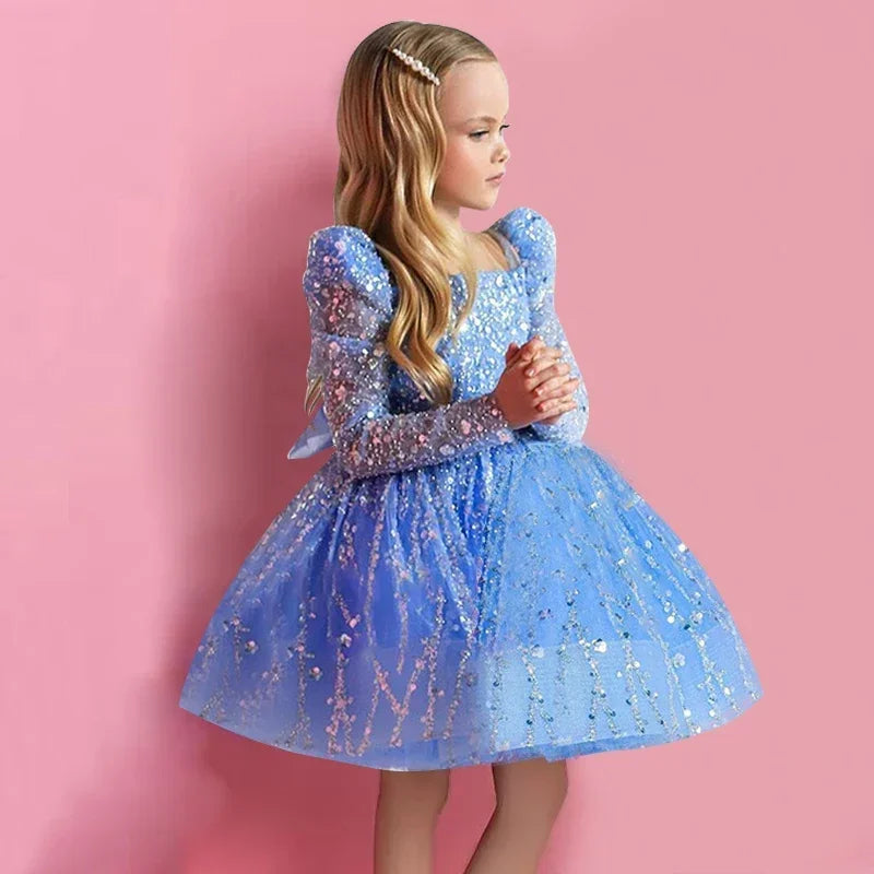 Girls Sequin Mesh Long Sleeve Birthday Party Dress Baby Girl Opening Ceremony Prom Gown New Childrens Dress Cute Kids Clothes