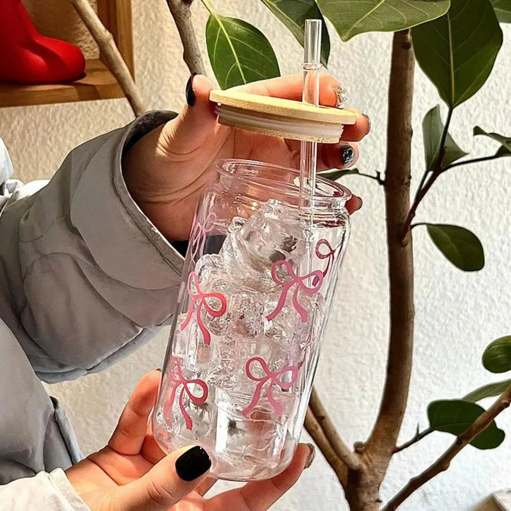 Cute Bow Glass Cup Tumbler Mason Jar Shaped Water Bottle With Lids Straw Coffee Cups Party Gift for Iced Coffee Juice Cup Gift