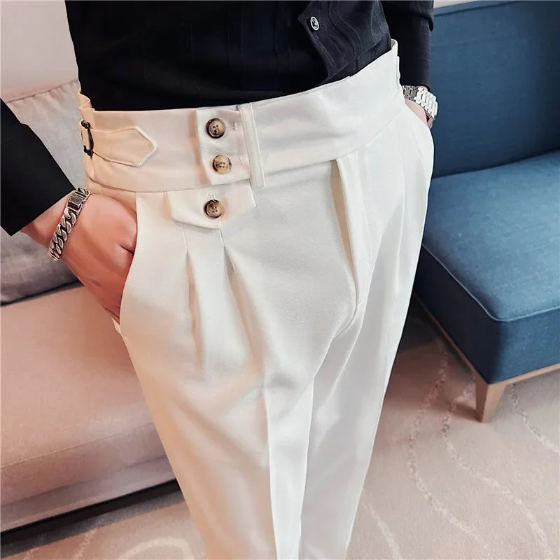 2026 Spring Autumn Men High Waist Belt Design Casual Slim Formal Dress Pant Men Social Office Wedding Party Dress Suit Pants