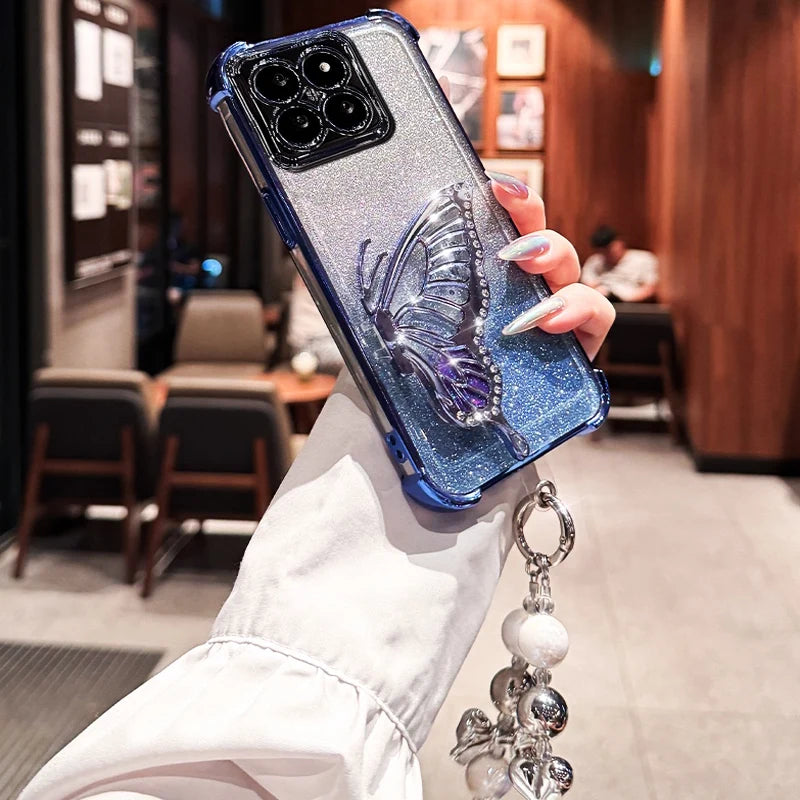 Shockproof Glitter Butterfly Bracket Bracelet Case for Xiaomi Redmi 15 15C 14C 13X 13C POCO C85 C75 X7 F7 Note 14 Pro Soft Cover