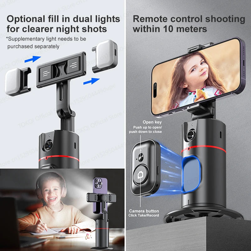 TOKQI Desktop AI Tracking Gimbal Stabilizer Phone Holder for Cellphone 360° Rotation Shooting Live Shot Vlog with Wreless Remote