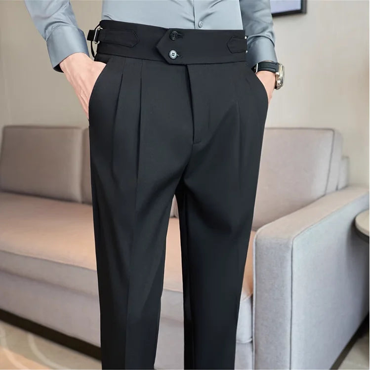 2026 Spring Autumn Men High Waist Belt Design Casual Slim Formal Dress Pant Men Social Office Wedding Party Dress Suit Pants