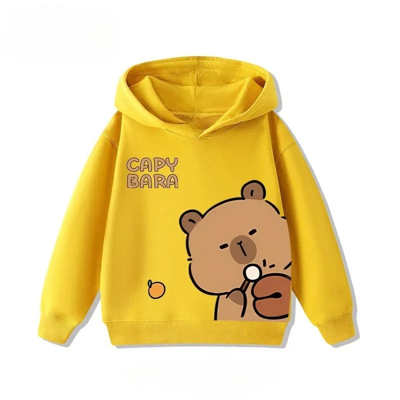 Autumn Winter Cartoon Cute Capybara Print Children's Hooded Hoodies Casual Fashionable Comfortable Boy Girl Sweatshirt Pullover