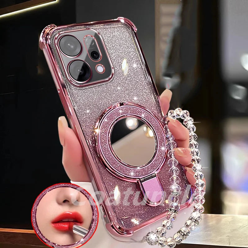 For Xiaomi Redmi 15C Note 15 Note 14 Pro Plus 14C POCO C85 5G Case Glitter Mirror Magnetic Bracket Phone Holder Bracelet Cover