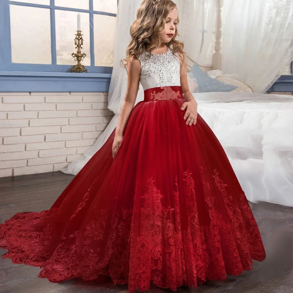 Girls' New Color-Block Lace Puffy Wedding Flower Girl Princess Dress