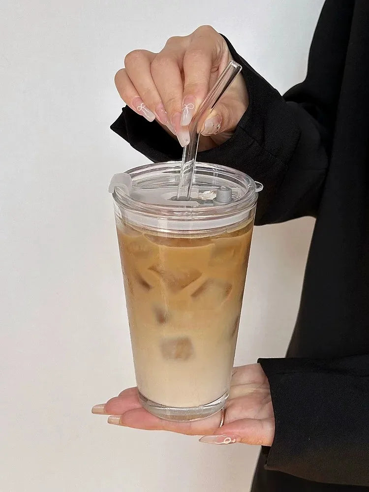 500ml Thickened Glass Cup with Straw & Sealed Lid Reusable Tumbler for Office Iced Beverage Mug  Home Juice Coffee Milk Tea Cup