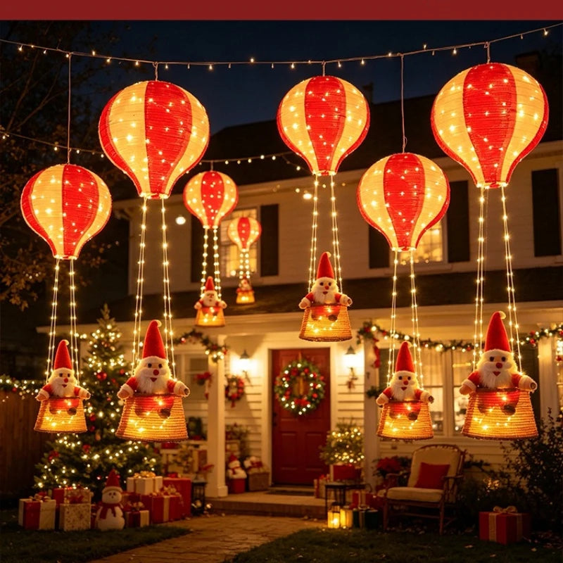 Christmas Hanging Ornament, Glowing Hot Air Balloon Santa with Leather Cord for Indoor Home Decor