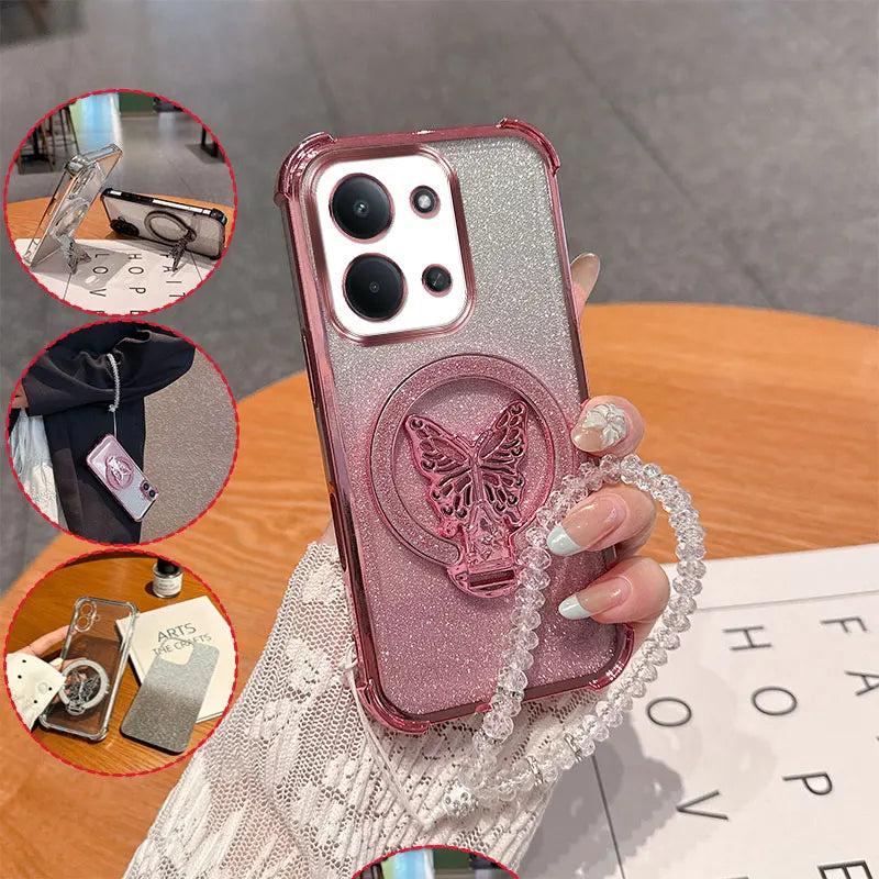 Shockproof Anti-drop Phone Case For Redmi 15C 171mm 173mm Poco C85 15R Glitter Butterfly Stand With Crystal Lanyard Back Cover