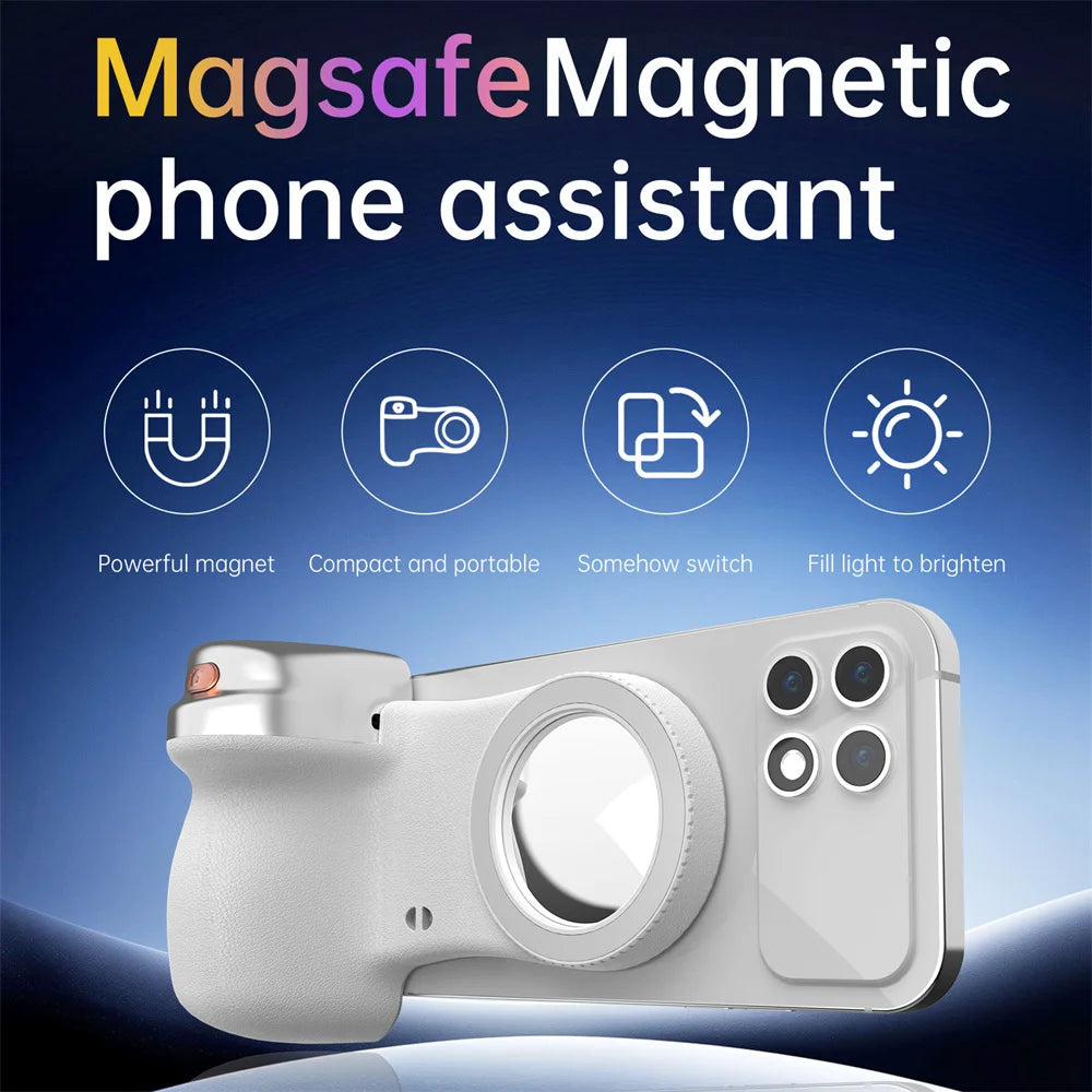 360 Rotation Magnetic Camera Grip w Fill Light for MagSafe iPhone Shutter Bluetooth Remote Control Selfie Handle Stabilizer