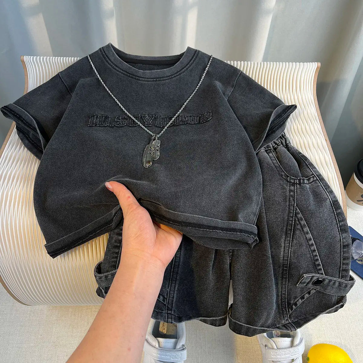 Korean Boys Summer Children's Top and Bottom 2PC Sets Short Sleeve T-Shirt & Denim Shorts Kids Clothes 1-7 Years Black Toddler