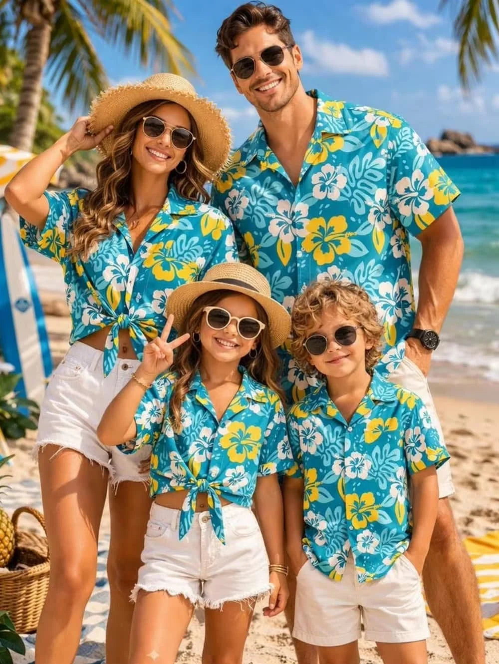 Hawaiian Children's Shirt Plant Flower Pattern Print Family Dress Blue Green Vacation Beach Parent Child Shirt Men's Sports Top