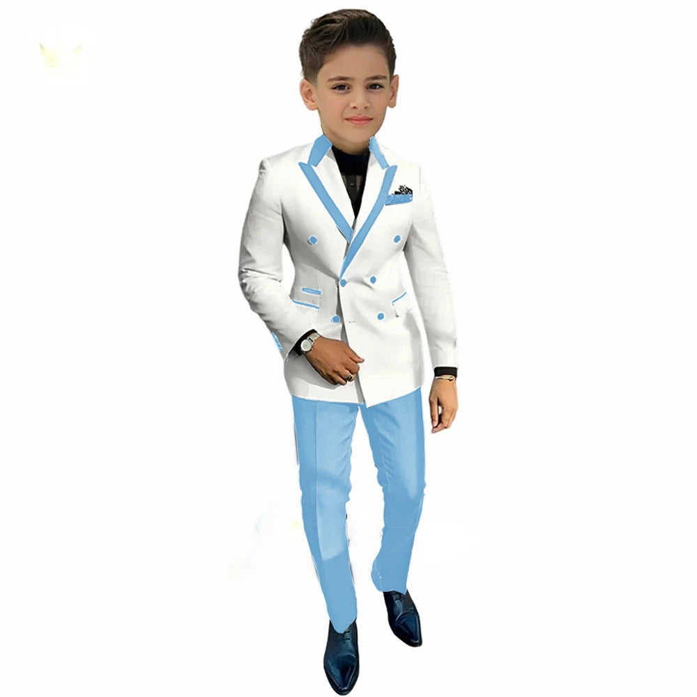 White And Beige Suits For Boys Party Fashion Child Double Breasted Blazer Pants 2 Pieces Homecoming School Uniform