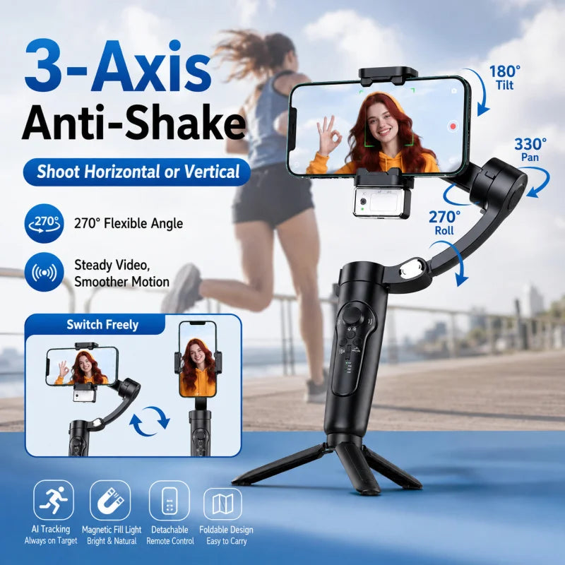 M3 AI Face Tracking Phone Gimbal Stabilizer, 3-Axis Anti-Shake Handheld Smartphone Holder with Detachable Remote for Live Stream