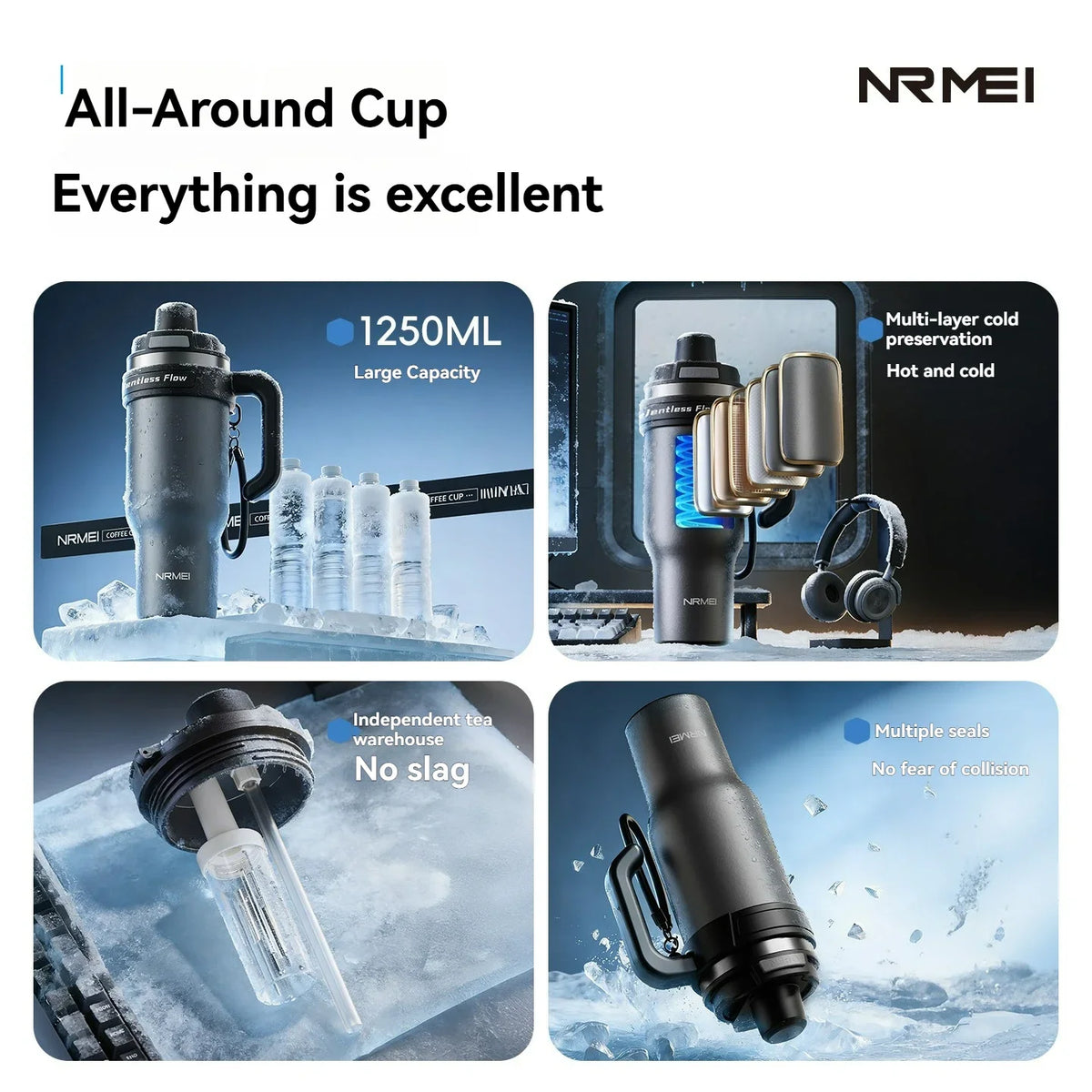 Large Tumbler Ceramic Inner with Handle Straw Cold Insulated Water Bottle Car Cup Multipurpose Fitness