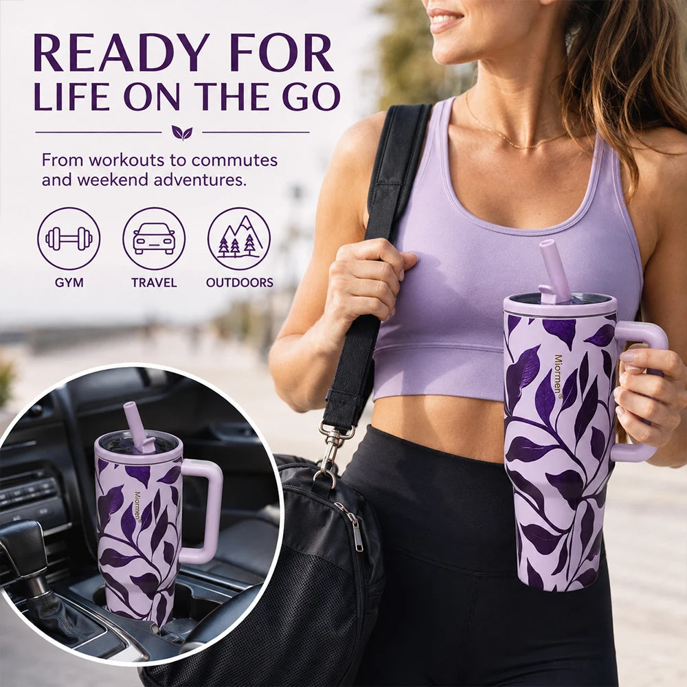 40OZ Floral Print Stainless Steel Tumbler with Handle Straw Lid Vacuum Insulated Travel Mug for Car Water Cup Keep Hot and Cold