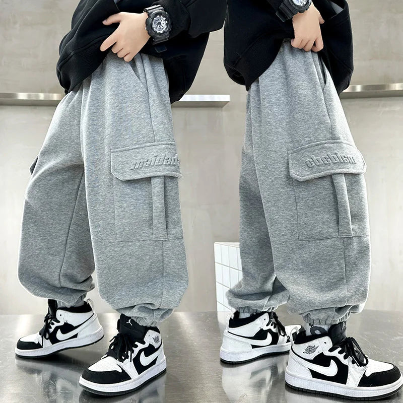 Breif Style Child Spring Autumn Cotton Sports Cargo Trousers for Teens Boy New Casual Sporty Track Pants Kids Pocket Sweatpants