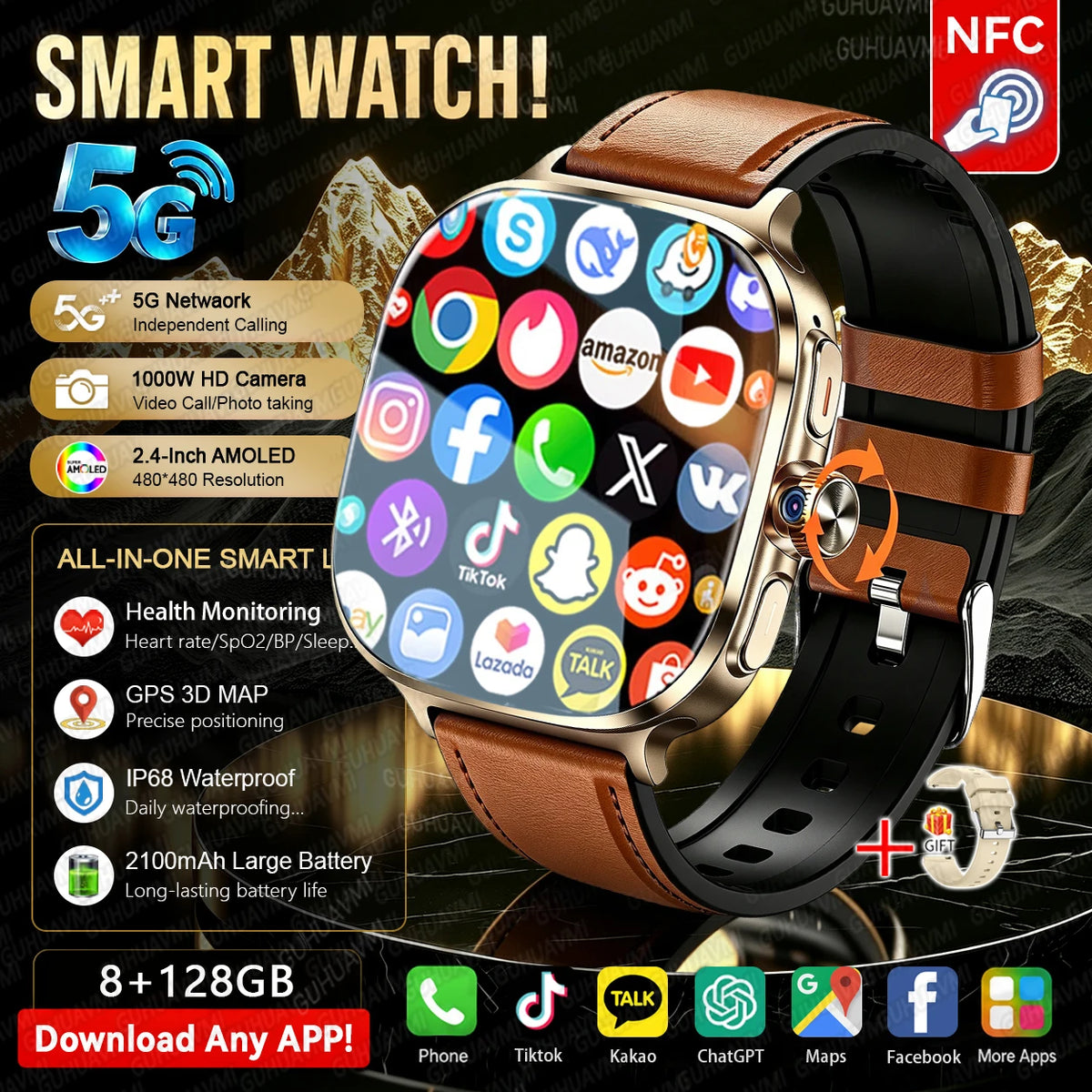 5G/4G Full Network Android Smart Watch With 2.4" AMOLED Display Independent Calling Camera GPS Wifi Bluetooth Sports Phone Watch